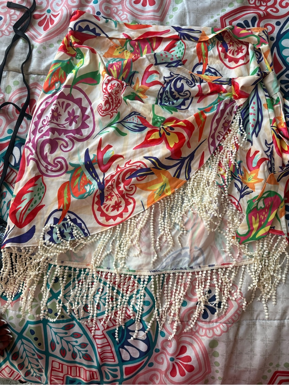 SHEIN Multicolor Floral Asymmetrical Fringe Wrap Skirt